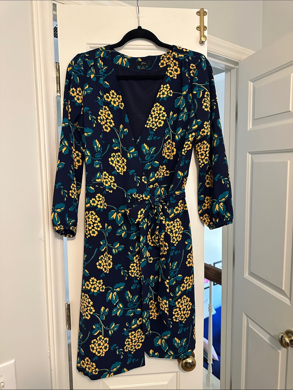 J. Crew Navy Midi Wrap Dress with Yellow Floral Print